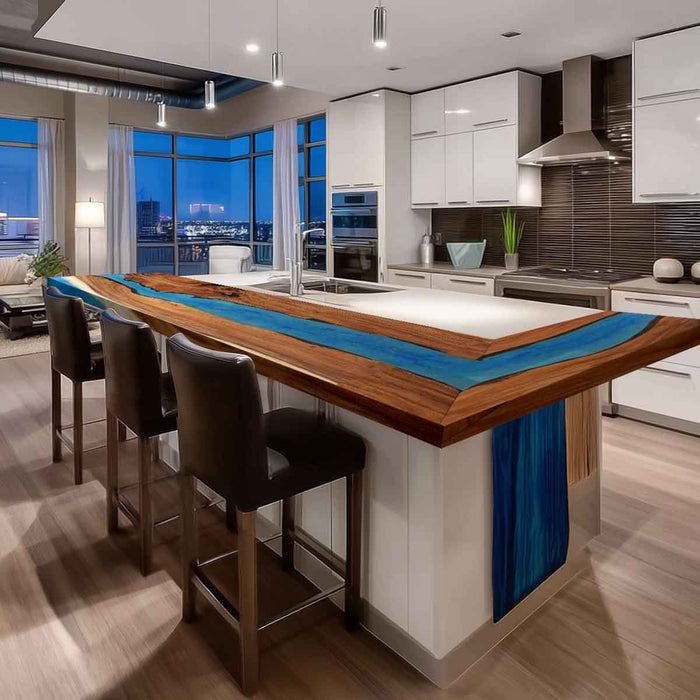 Modern kitchen with a large island featuring a blue accent