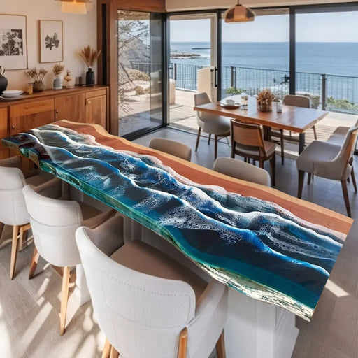 Dining room with a unique table design featuring a wave-like blue pattern.