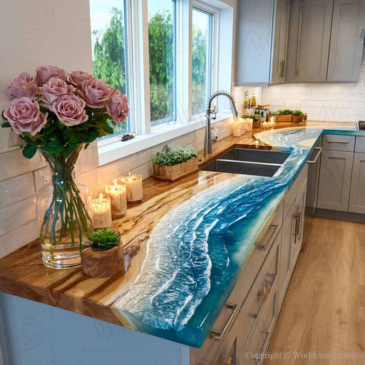 Walnut kitchen island with realistic ocean wave epoxy resin, beach-inspired coastal kitchen countertop