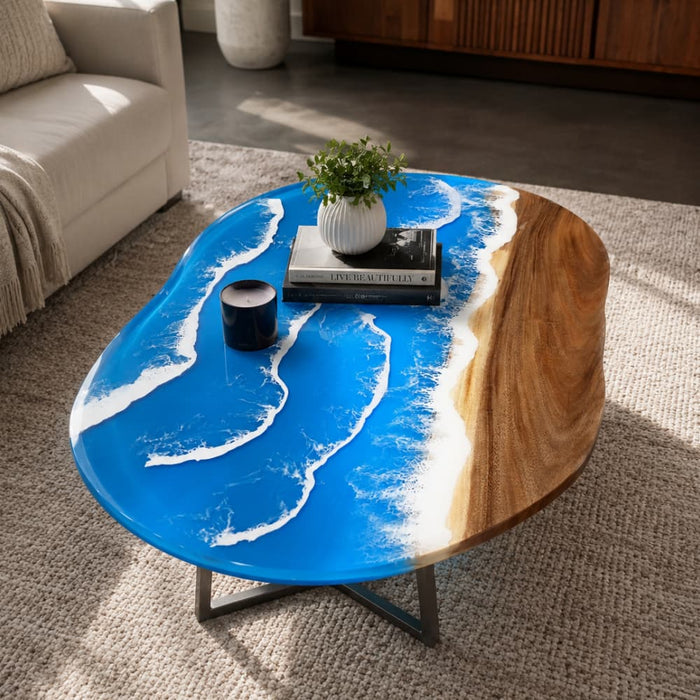 Walnut ocean wave resin coffee table with natural wood grain
