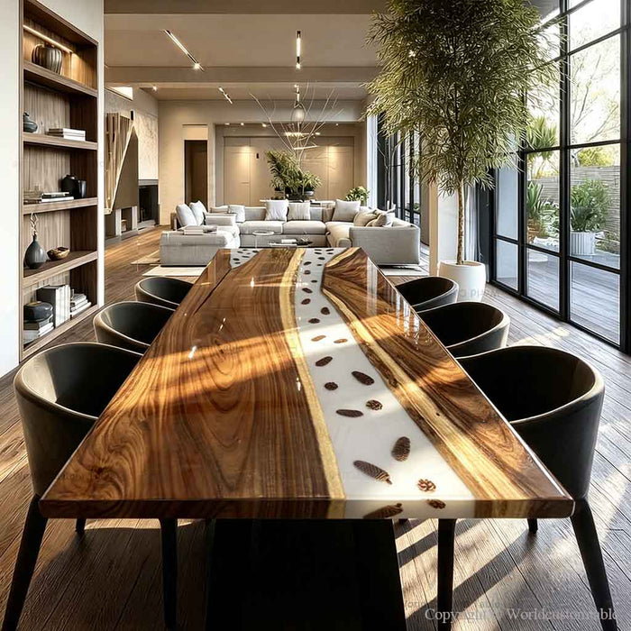 Luxury Walnut River Table with embedded pine cones in clear epoxy resin.