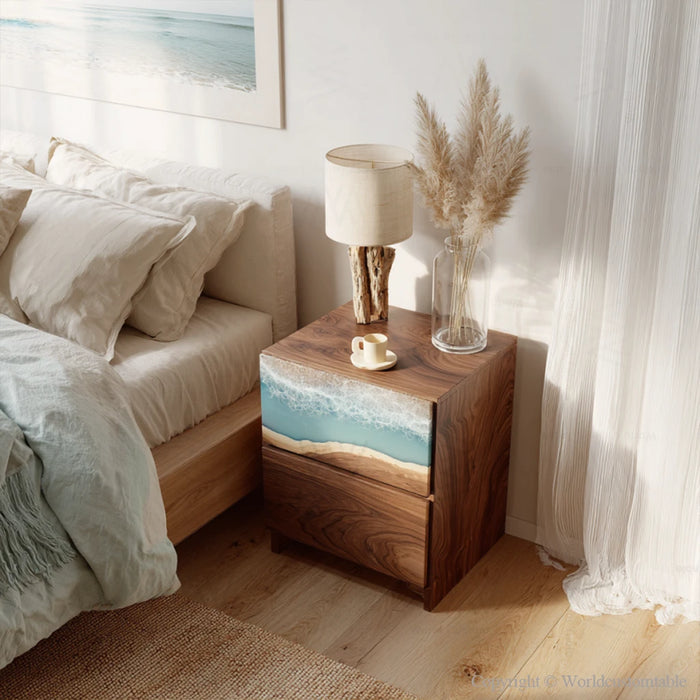 Walnut resin nightstand captured with natural lighting showing wood texture