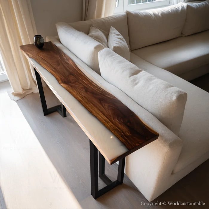 Walnut resin sofa side table captured with natural lighting to show texture