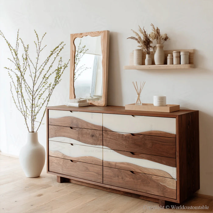 Walnut resin storage dresser captured in natural lighting showing texture