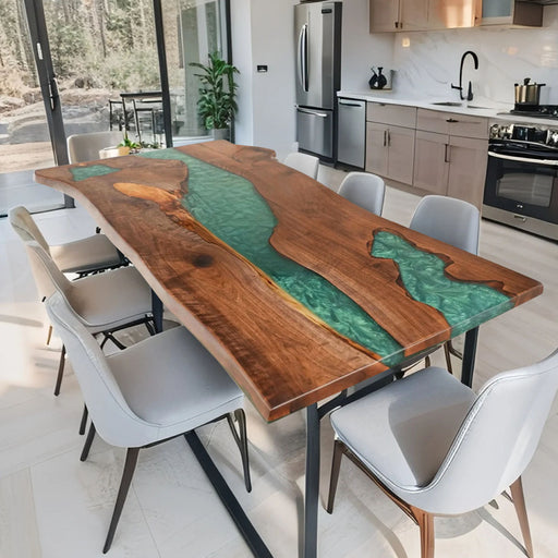 Walnut river dining table with green epoxy resin, 6-8 seater