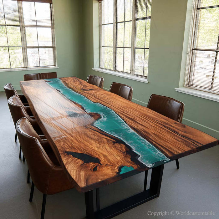 Walnut river epoxy dinning table styled in a modern dining room