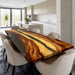 Close-up of walnut wood grain and transparent epoxy resin craftsmanship
