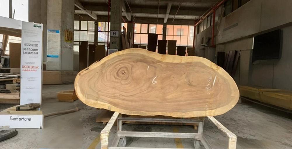Large wooden slab on display in a warehouse setting
