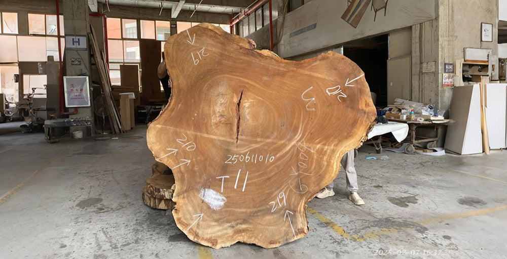 Large wooden slab with measurements in a warehouse setting