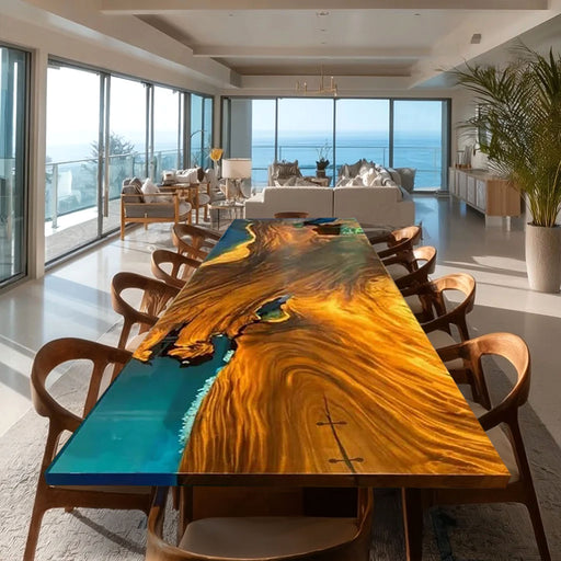 Dining room with a unique wooden table and chairs, overlooking a scenic view.