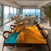 Dining room with a unique wooden table and chairs, overlooking a scenic view.