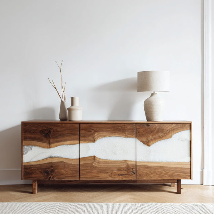 Wooden sideboard with white interior against a white wall