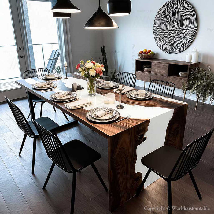 black walnut white epoxy waterfall table for dinning & living spaces in san francisco