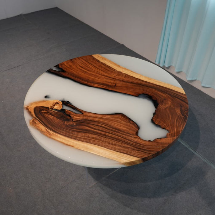 Walnut round coffee table featuring elegant white epoxy resin