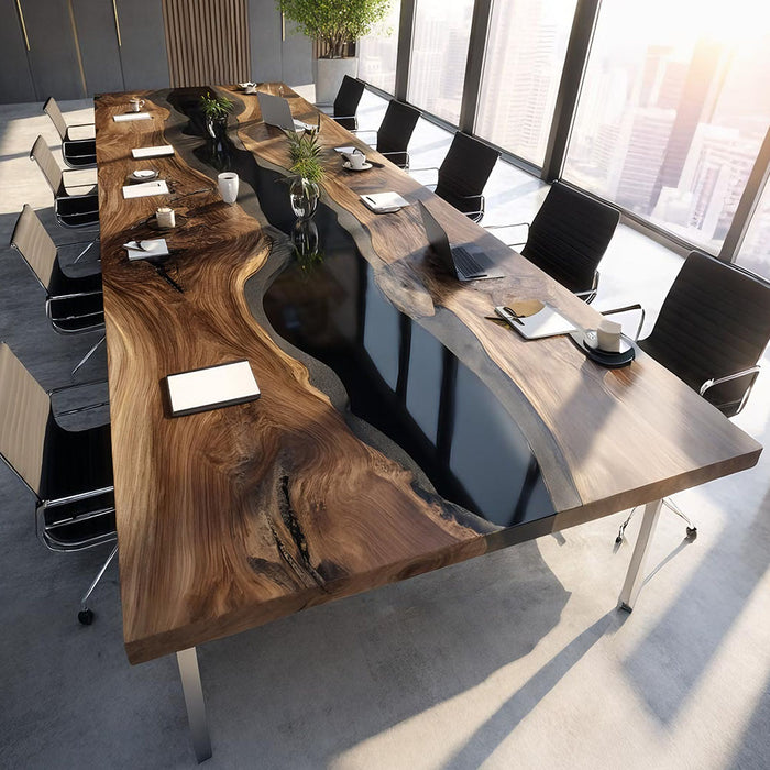 Modern conference table with black resin inlay in a bright office setting