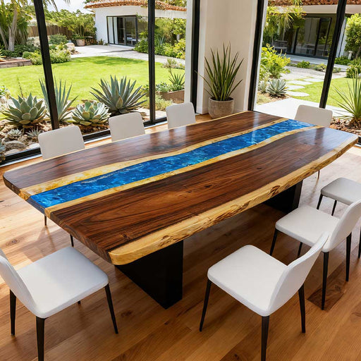 Wooden dining table with blue river design in a modern indoor setting