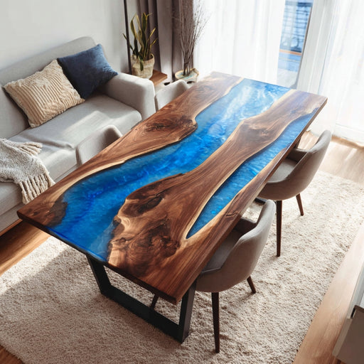 walnut wood blue epoxy resin dinning table for living room