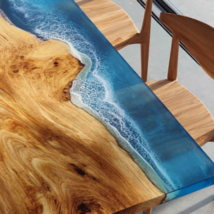 Handcrafted walnut wood epoxy dining table with beach shore resin river