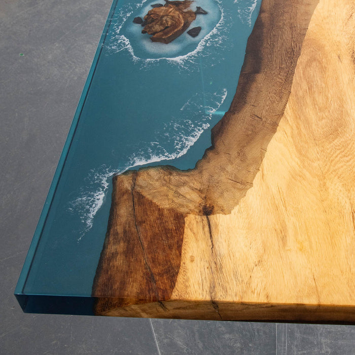 Walnut wood epoxy table with ocean beach scene in resin