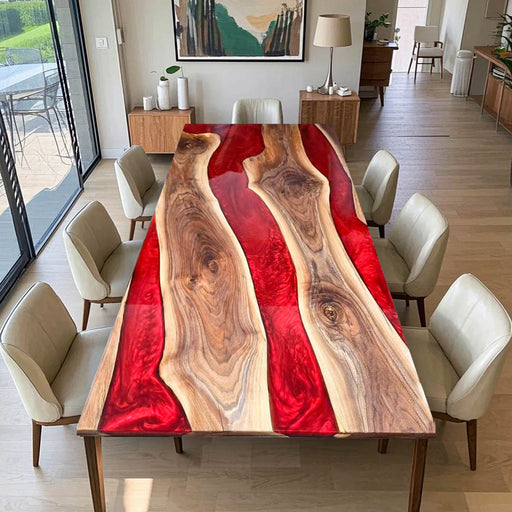 Red epoxy river dining table made from natural walnut wood