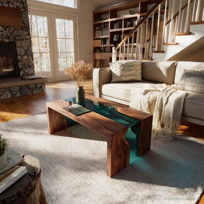 Walnut wood and resin epoxy waterfall table as luxury centerpiece