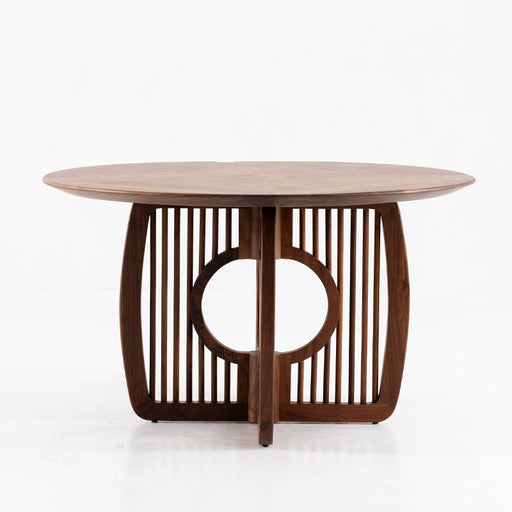 Walnut wood round dining table featuring unique geometric base