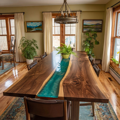Dining room with a wooden table featuring a blue resin runner, surrounded by chairs and plants.