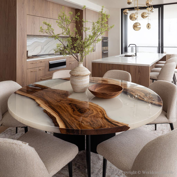 Close up walnut wood grain with smooth white resin epoxy details