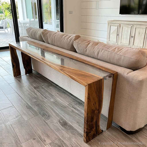 Luxury waterfall leg epoxy console table with transparent resin design