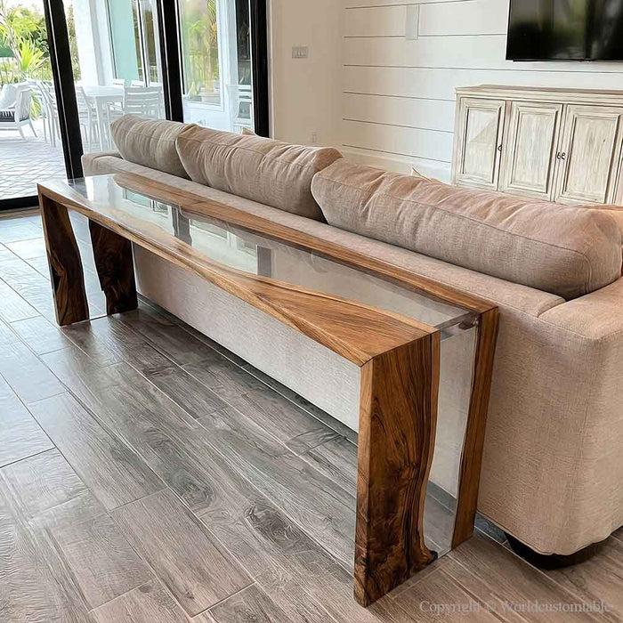 Luxury waterfall leg epoxy console table with transparent resin design
