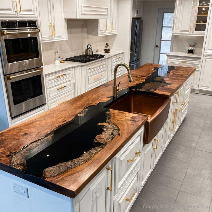 Waterproof black walnut epoxy resin kitchen slab with live edge, black river design for kitchen island or dining table