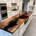 Waterproof black walnut epoxy resin kitchen slab with live edge, black river design for kitchen island or dining table
