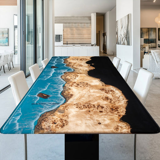Top view of WCTR78 poplar epoxy table featuring black resin and blue wave design