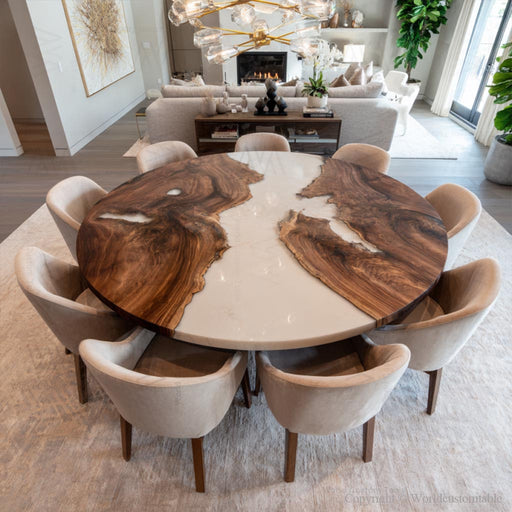 Close-up of white epoxy resin surface on round dining table