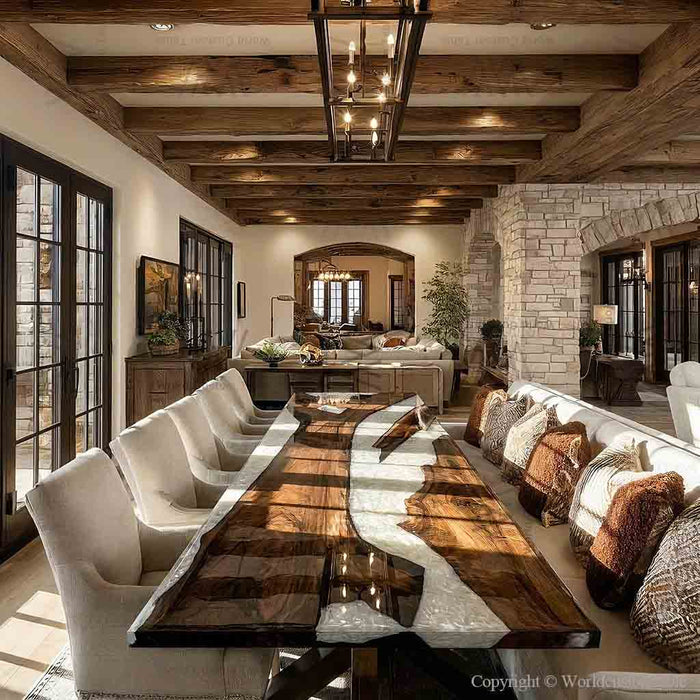 High-end living room interior featuring a large white resin and dark walnut dining table.