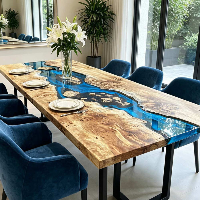 Custom epoxy river table made of white poplar wood with blue resin center design