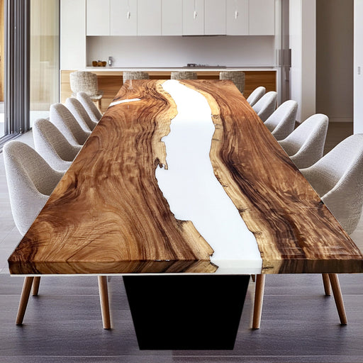 Elegant white resin river dining table with natural wood slab