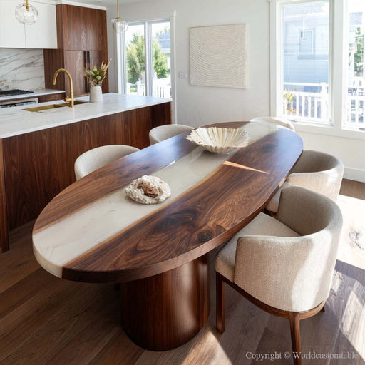 Close up view of white resin river flowing through rich walnut wood grain on a dining table