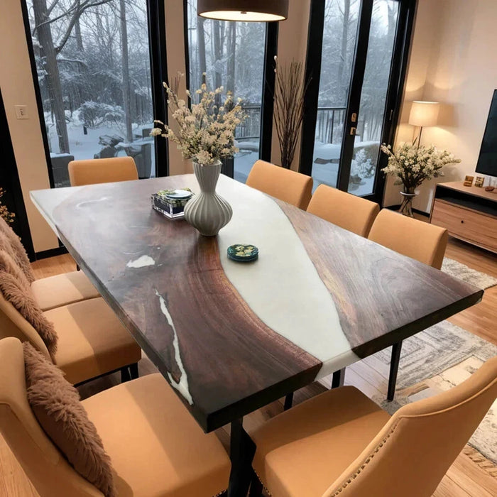 Elegant white resin and solid wood dining table, handcrafted for contemporary dining spaces.