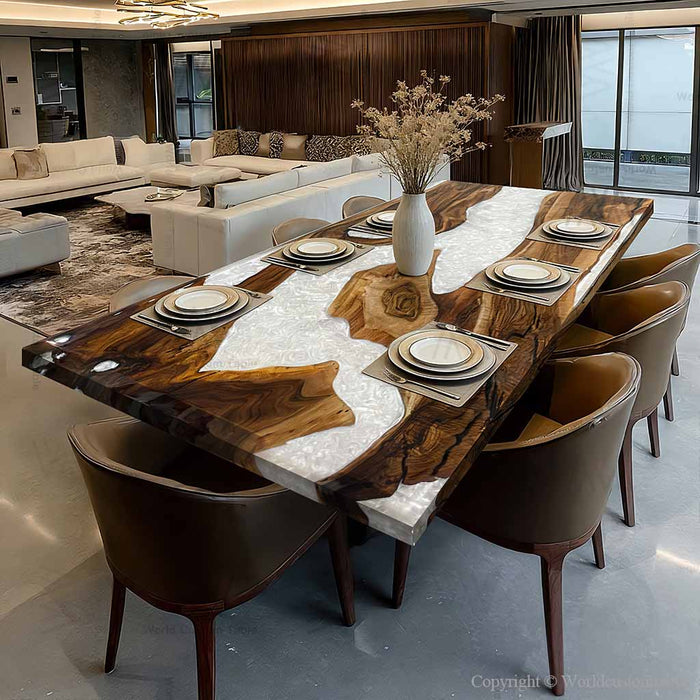 Dining area with a wooden table and chairs in a modern living room.