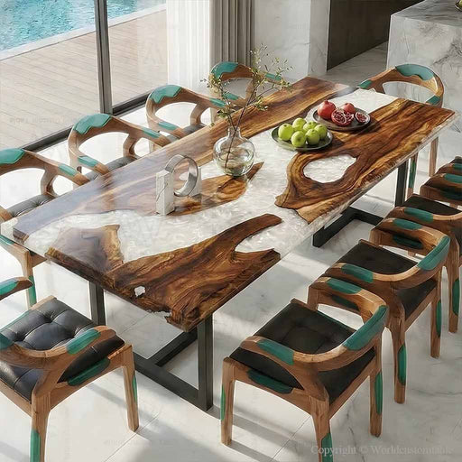 Dining table with natural wood design and matching chairs in a modern setting.