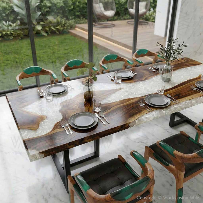 Dining table set with chairs in a modern indoor setting
