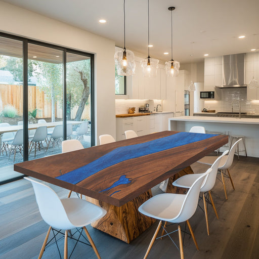 Custom wood and epoxy resin river table for dining room.