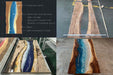 Collage of a wooden table with blue resin design, showing different views and details.