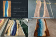Collage of a wooden table with blue resin design, showing different views and details.