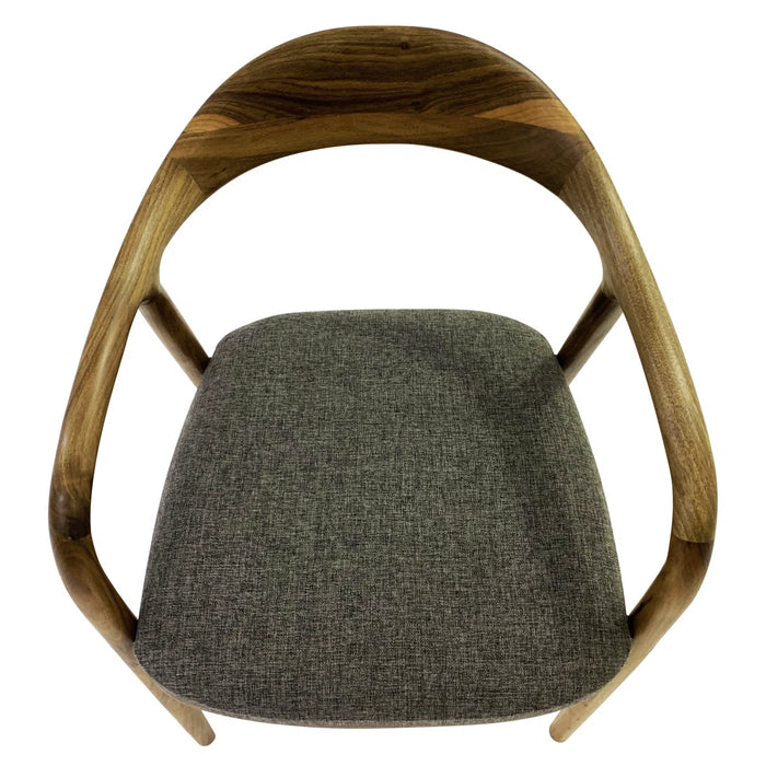 Chair with wooden frame and gray cushion on a white background